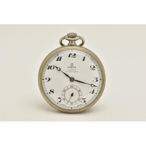 409 - AN 'OMEGA' OPEN FACE POCKET WATCH, hand wound movement, round white dial signed 'Omega', Arabic nume... 