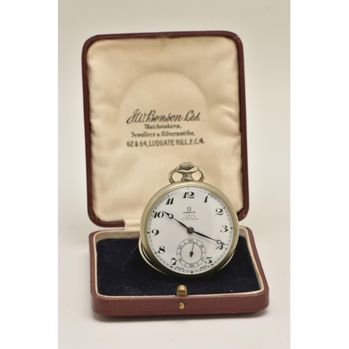 409 - AN 'OMEGA' OPEN FACE POCKET WATCH, hand wound movement, round white dial signed 'Omega', Arabic nume... 