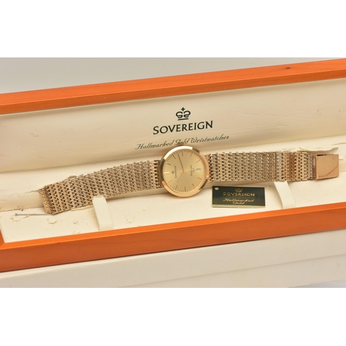 420 - A GENTS BOXED 9CT GOLD 'SOVEREIGN' WRISTWATCH, quartz movement, round gold tone dial signed 'Soverei... 