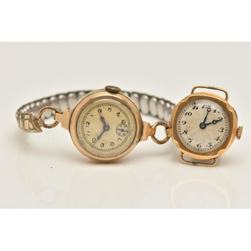 422 - TWO GOLD LADIES WATCHES, the first a yellow gold watch head, hand wound movement, round dial, Arabic... 