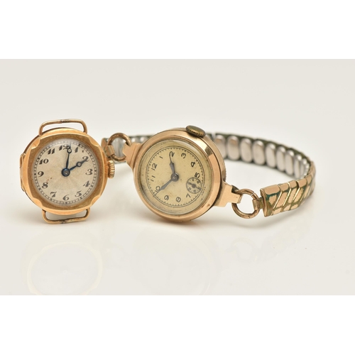 422 - TWO GOLD LADIES WATCHES, the first a yellow gold watch head, hand wound movement, round dial, Arabic... 