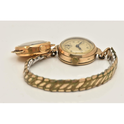 422 - TWO GOLD LADIES WATCHES, the first a yellow gold watch head, hand wound movement, round dial, Arabic... 