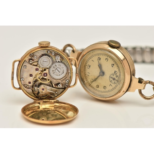 422 - TWO GOLD LADIES WATCHES, the first a yellow gold watch head, hand wound movement, round dial, Arabic... 