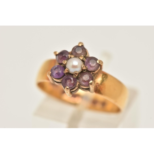 429 - A CULTURED PEARL AND AMETHYST CLUSTER RING, the converted 22ct gold wedding band with later added sp... 