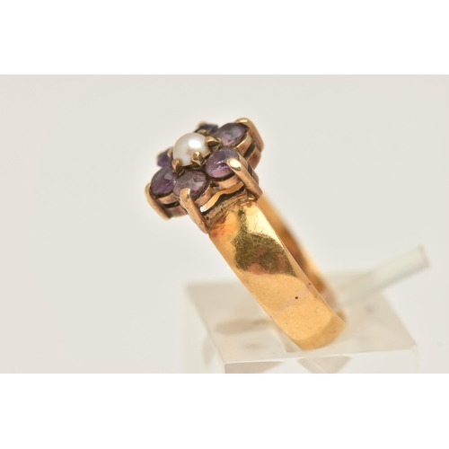 429 - A CULTURED PEARL AND AMETHYST CLUSTER RING, the converted 22ct gold wedding band with later added sp... 