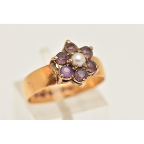 429 - A CULTURED PEARL AND AMETHYST CLUSTER RING, the converted 22ct gold wedding band with later added sp... 