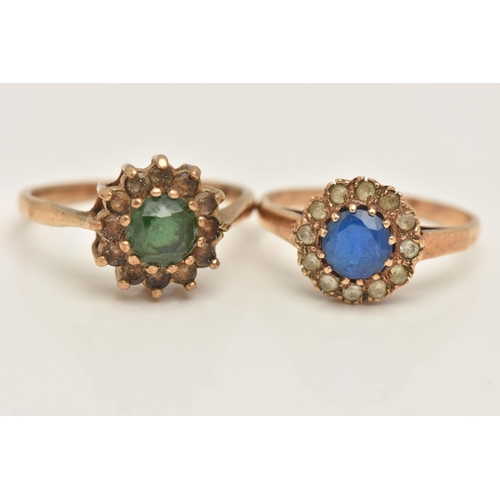 430 - TWO 9CT YELLOW GOLD PASTE RINGS, both designed as clusters set with green or blue paste surrounded b... 