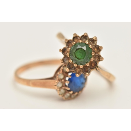 430 - TWO 9CT YELLOW GOLD PASTE RINGS, both designed as clusters set with green or blue paste surrounded b... 