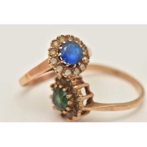 430 - TWO 9CT YELLOW GOLD PASTE RINGS, both designed as clusters set with green or blue paste surrounded b... 