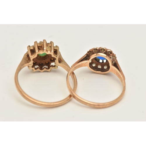 430 - TWO 9CT YELLOW GOLD PASTE RINGS, both designed as clusters set with green or blue paste surrounded b... 