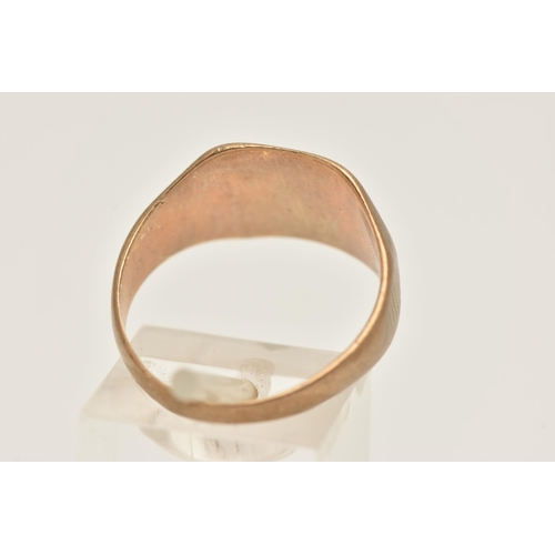 431 - A GENTS 9CT GOLD SIGNET RING, of a square form, very worn engraving, to a polished band, hallmarked ... 