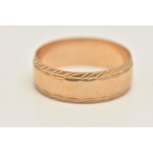 433 - A 9CT GOLD WIDE BAND RING, polished and textured design, approximate band width 6.7mm, hallmarked 9c... 