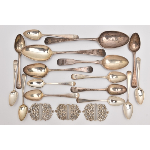 514 - AN ASSORTMENT OF SILVER SPOONS AND THREE NURSES BELT BUCKLES, a large quantity of silver tablespoons... 