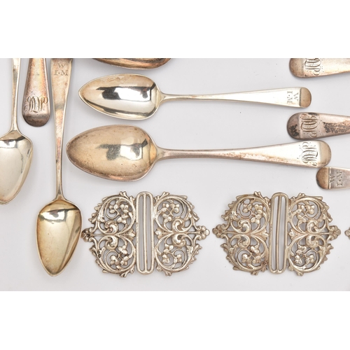 514 - AN ASSORTMENT OF SILVER SPOONS AND THREE NURSES BELT BUCKLES, a large quantity of silver tablespoons... 