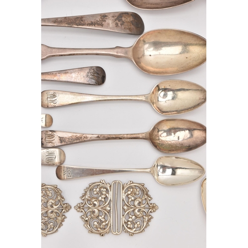 514 - AN ASSORTMENT OF SILVER SPOONS AND THREE NURSES BELT BUCKLES, a large quantity of silver tablespoons... 