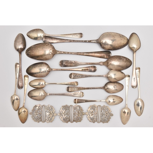 514 - AN ASSORTMENT OF SILVER SPOONS AND THREE NURSES BELT BUCKLES, a large quantity of silver tablespoons... 