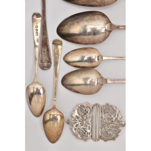 514 - AN ASSORTMENT OF SILVER SPOONS AND THREE NURSES BELT BUCKLES, a large quantity of silver tablespoons... 