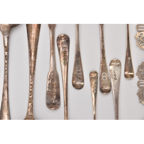 514 - AN ASSORTMENT OF SILVER SPOONS AND THREE NURSES BELT BUCKLES, a large quantity of silver tablespoons... 