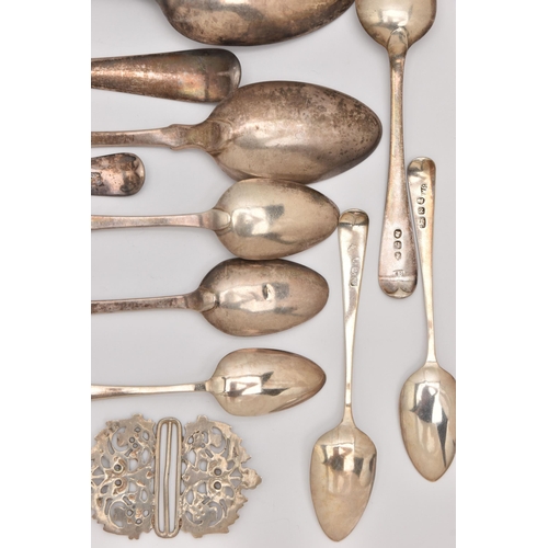 514 - AN ASSORTMENT OF SILVER SPOONS AND THREE NURSES BELT BUCKLES, a large quantity of silver tablespoons... 