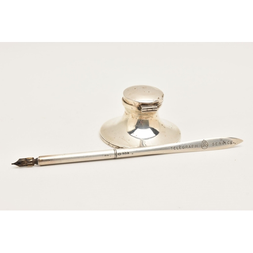 516 - A SILVER DIP PEN AND INKWELL, a silver dip pen engraved 'Telegraph GPO Service' '1935', hallmarked B... 