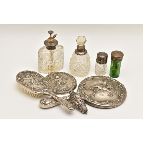 519 - ASSORTED VANITY ITEMS, to include a three piece embossed cherub and swag pattern hand held mirror, h... 