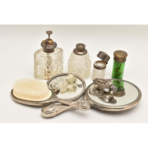 519 - ASSORTED VANITY ITEMS, to include a three piece embossed cherub and swag pattern hand held mirror, h... 