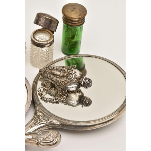 519 - ASSORTED VANITY ITEMS, to include a three piece embossed cherub and swag pattern hand held mirror, h... 