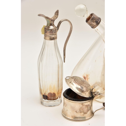 520 - A SELECTON OF SILVERWARE, to include a mid-Victorian glass oil and vinegar bottle with silver collar... 