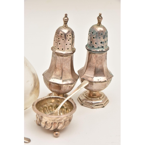 520 - A SELECTON OF SILVERWARE, to include a mid-Victorian glass oil and vinegar bottle with silver collar... 