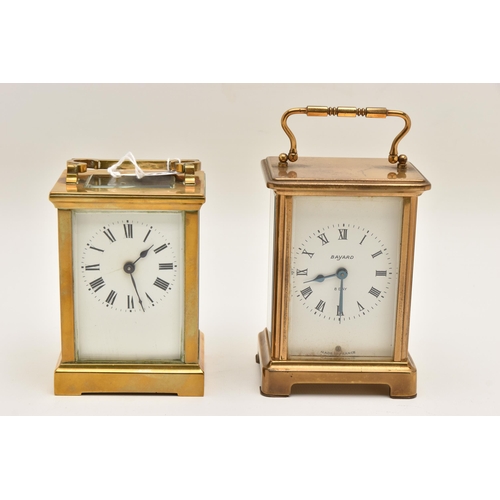 521 - TWO BRASS CARRIAGE CLOCKS, both key wound, one with a Roman numeral dial signed 'Bayard, 8 Day', the... 