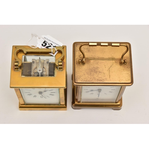 521 - TWO BRASS CARRIAGE CLOCKS, both key wound, one with a Roman numeral dial signed 'Bayard, 8 Day', the... 