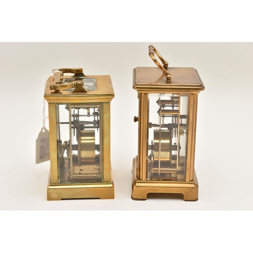 521 - TWO BRASS CARRIAGE CLOCKS, both key wound, one with a Roman numeral dial signed 'Bayard, 8 Day', the... 