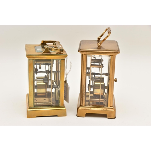 521 - TWO BRASS CARRIAGE CLOCKS, both key wound, one with a Roman numeral dial signed 'Bayard, 8 Day', the... 