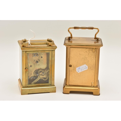 521 - TWO BRASS CARRIAGE CLOCKS, both key wound, one with a Roman numeral dial signed 'Bayard, 8 Day', the... 