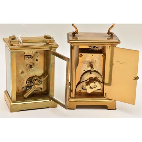 521 - TWO BRASS CARRIAGE CLOCKS, both key wound, one with a Roman numeral dial signed 'Bayard, 8 Day', the... 