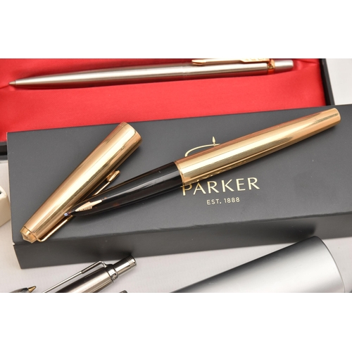 522 - A BOX OF ASSORTED PENS, to include a 'Parker Slimfold' fountain pen, fitted with a 14k nib, a rolled... 