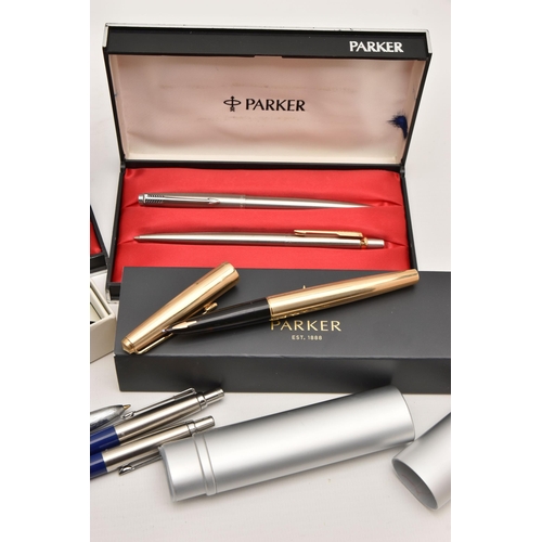 522 - A BOX OF ASSORTED PENS, to include a 'Parker Slimfold' fountain pen, fitted with a 14k nib, a rolled... 