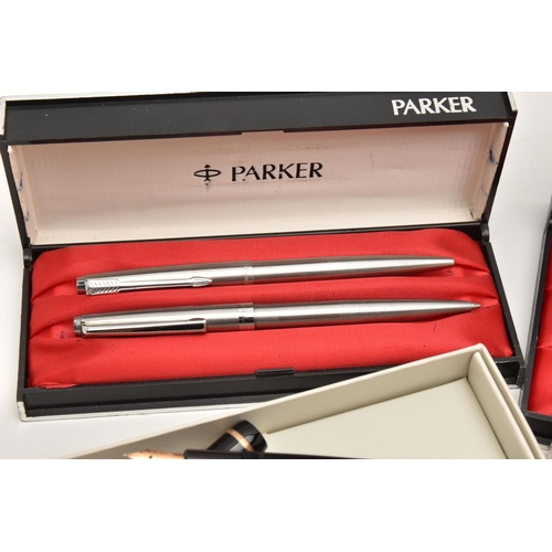 522 - A BOX OF ASSORTED PENS, to include a 'Parker Slimfold' fountain pen, fitted with a 14k nib, a rolled... 