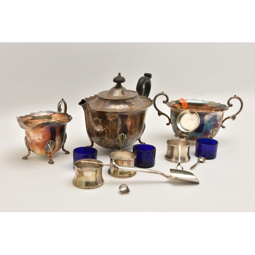 518 - SILVER AND WHITE METAL ITEMS, to include two silver salts and a matching mustard with hinged cover a... 