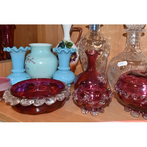 778 - A COLLECTION OF MIXED DECORATIVE GLASS to include a pair of nineteenth-century wavy rimmed blue milk... 