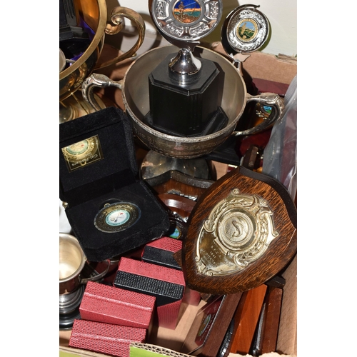 779 - A BOX OF ASSORTED TROPHIES, plaques and medals, for angling and gardening, etc (1 box) (sd)