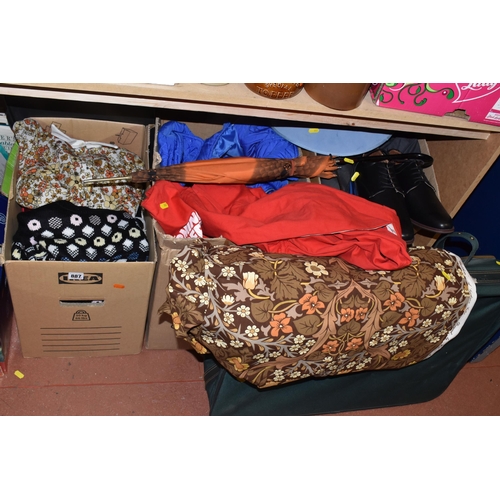 887 - FOUR BOXES AND TWO CASES OF VINTAGE CLOTHES AND ACCESSORIES to include woollen jumpers, dresses, a '... 