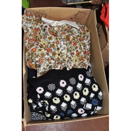 887 - FOUR BOXES AND TWO CASES OF VINTAGE CLOTHES AND ACCESSORIES to include woollen jumpers, dresses, a '... 