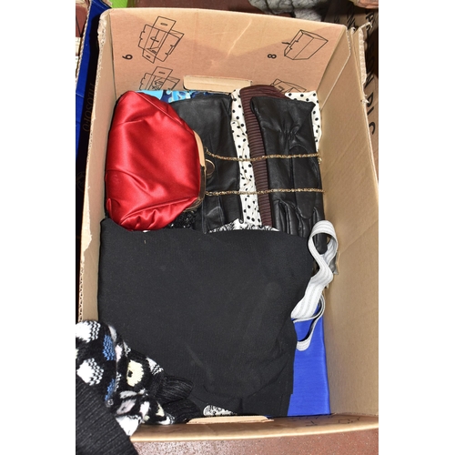 887 - FOUR BOXES AND TWO CASES OF VINTAGE CLOTHES AND ACCESSORIES to include woollen jumpers, dresses, a '... 