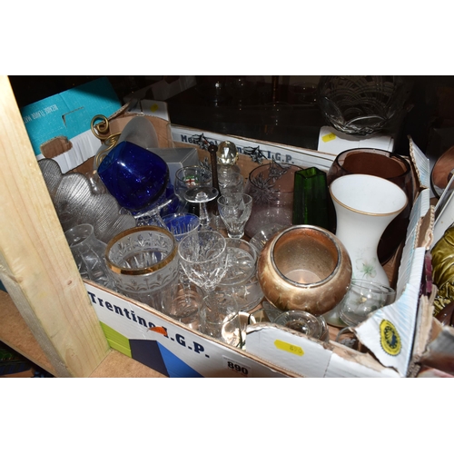 890 - FIVE BOXES OF ASSORTED GLASSWARE to include assorted drinking glasses comprising shot glasses, aperi... 