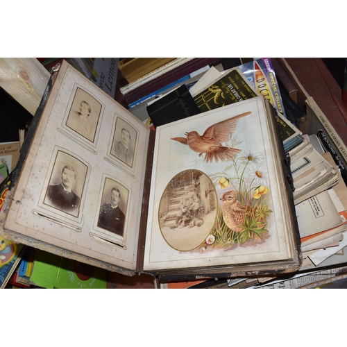 891 - FOUR BOXES OF VINTAGE CHILDREN'S BOOKS, EPHEMERA, AND ANTIQUE INTEREST BOOKS to include a group of v... 