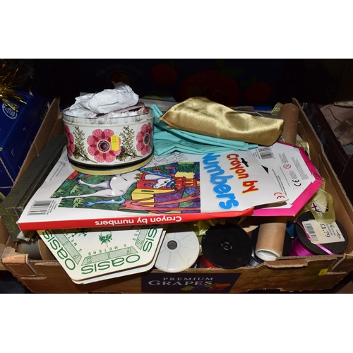 893 - FOUR BOXES AND LOOSE SEWING, EMBROIDERY, AND CHRISTMAS SUPPLIES to include a box of packaged and loo... 