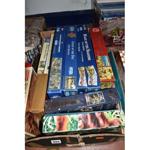 894 - THREE BOXES OF VINTAGE JIGSAW PUZZLES, to include approximately thirty boxed jigsaw puzzles, mostly ... 