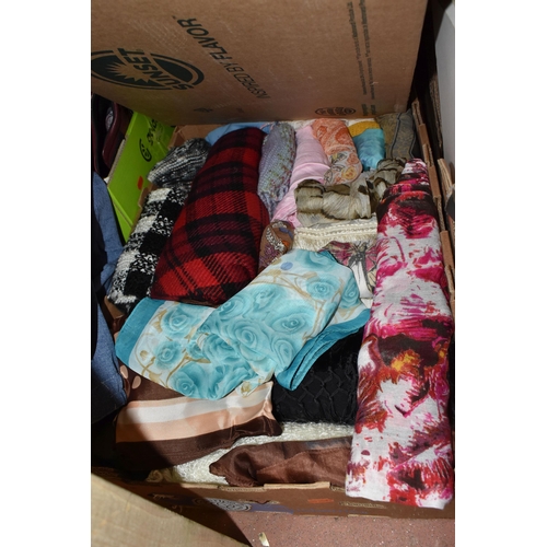 898 - SIX BOXES AND LOOSE WOMEN'S CLOTHES AND ACCESSORIES to include assorted woolly jumpers, a blue Radle... 