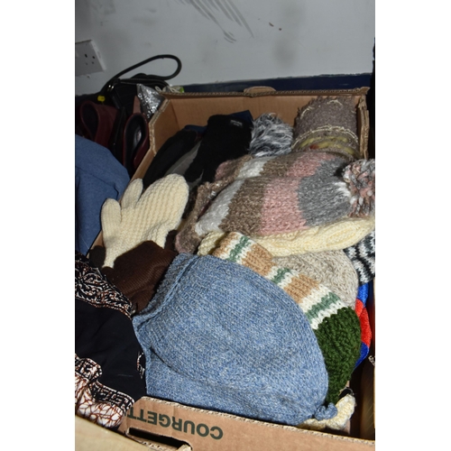 898 - SIX BOXES AND LOOSE WOMEN'S CLOTHES AND ACCESSORIES to include assorted woolly jumpers, a blue Radle... 